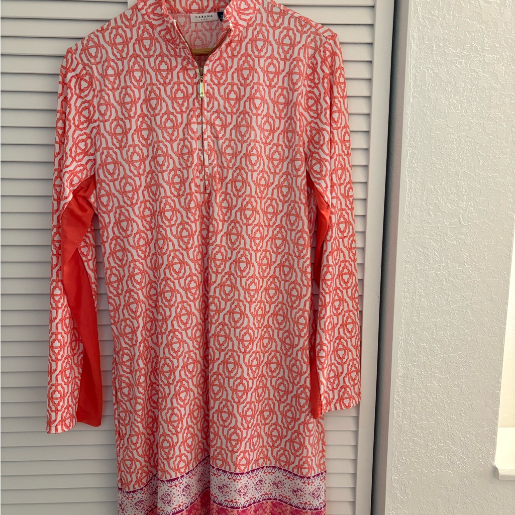Cabana Life Coral And White Zip-Up Top